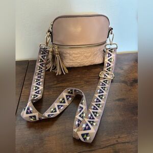 Stylish Pink Crossbody Bag with Patterned Strap (New)